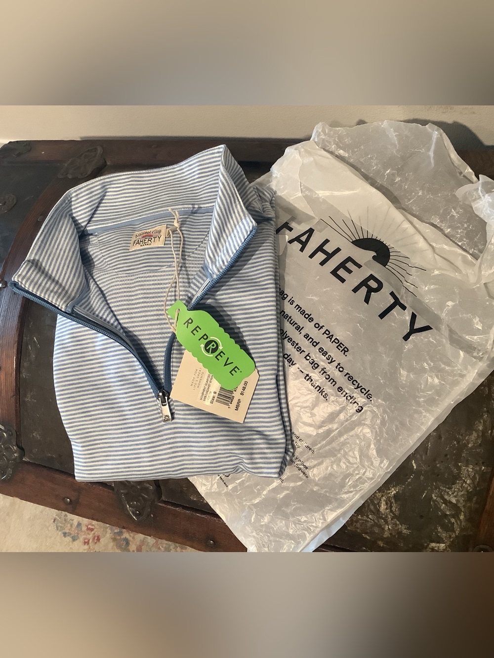 Faherty Movement Quarter-Zip in Madaket Stripe - Blue & White - Men’s Small - NW